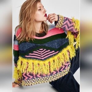 ZARA BLOGGER FAVE MULTI TEXTURE GRANDPA FRINGE KNIT SWEATER